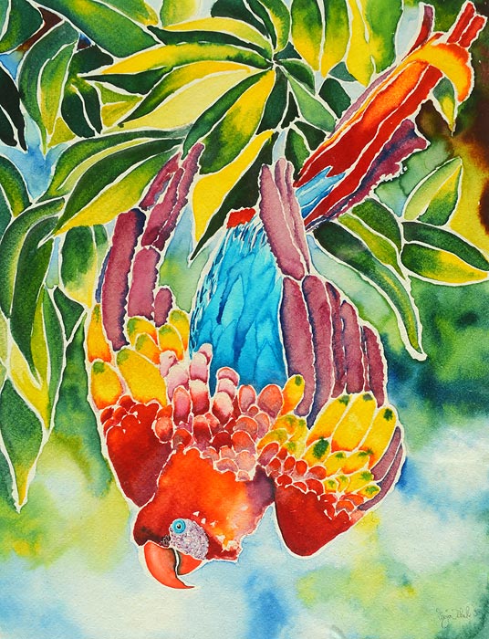 Aquarell-Malerei hängender Papagei